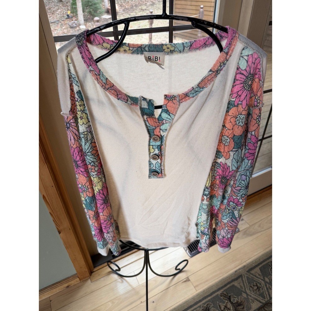 BiBi Womens Floral Mixed Media Henley Thermal Waffle Knit Top Cream Pink Large
